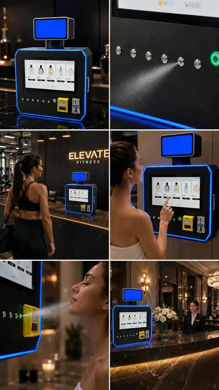 How a self-service fragrance station works: select a scent, pay and spray