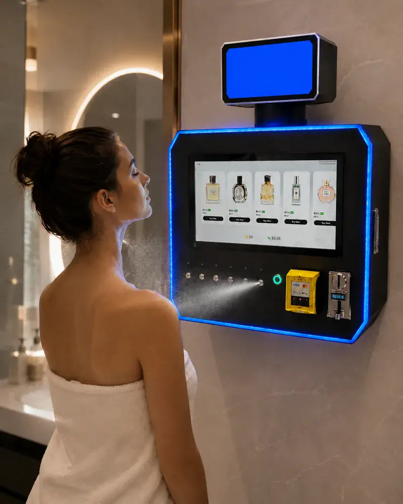 Guest using a self-service perfume vending machine